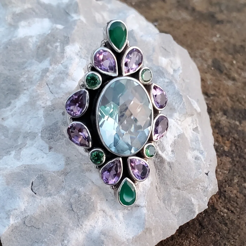 Nicky Butler Aqua Quartz Amethyst Chalcedony 925 Sterling Silver Size 10.5 Ring